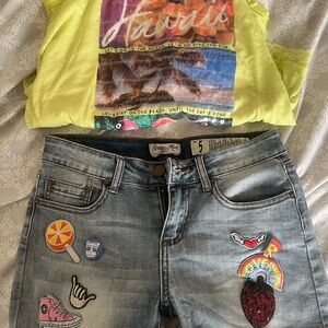 Yellow Hawaii Graphic Tee and Denim Shorts